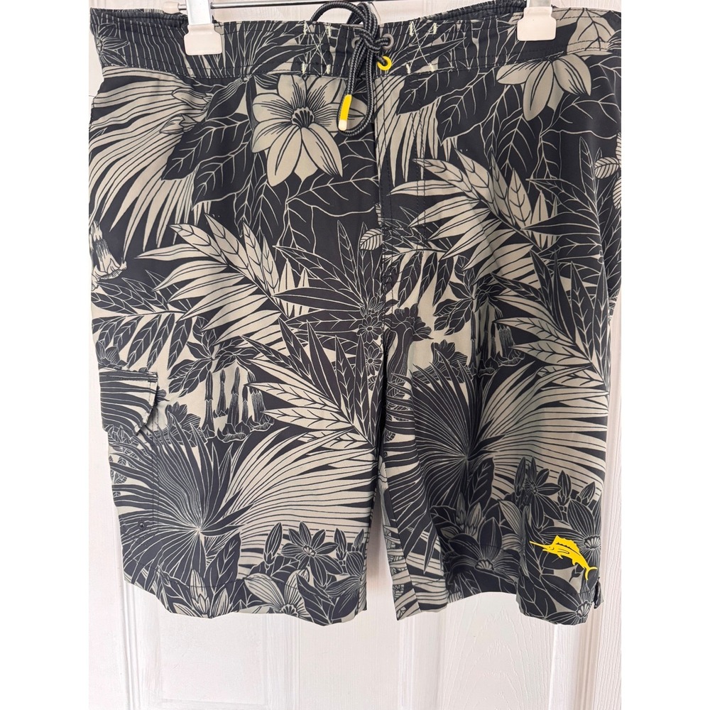 Tommy Bahama Mens Tropical Floral‎ Swim Trunks Black Grey XL Cargo Pocket Marlin